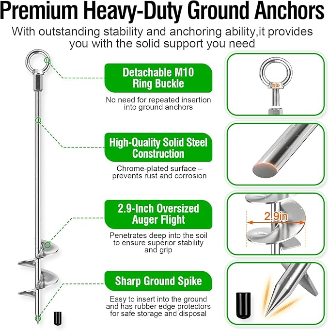 Ground Anchors Heavy Duty, 4 Pack Fully Welded Solid Steel Ground Anchors Screw in with 2.9" Spiral Blade, Trampoline Earth Stakes Auger Anchors for Sheds, Mobile Home, Tent, Swing Set