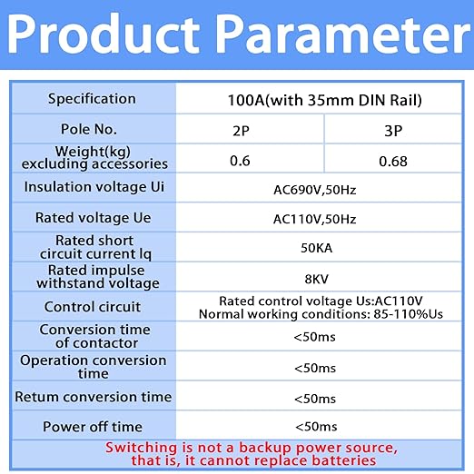 Mini ATS Automatic Transfer Switch Dual Power Changeover Switch 100A 110V Generator Electrical Selector Switches DIN Rail Mount 2P/3P Circuit Breaker Toggle Controller