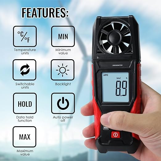 Digital Anemometer Handheld Wind Speed Meter – Measures Wind Speed in m/s, km/h, ft/min, mph, Knots & Air Temperature – Max/Min, Data Hold, Backlit Display – for HVAC, Sailing, Weather, Drone Flying