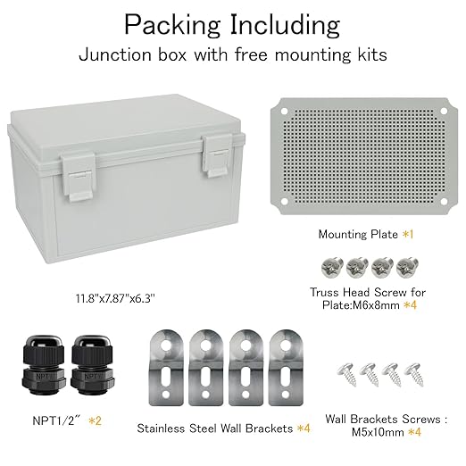 IP65 Waterproof Electrical Box Outdoor ABS Plastic Junction Box Project Box for Electronics Hinged Shell Enclosure with Mounting Plate, Wall Brackets, Cable Glands 11.8" x 7.9" x 6.3"