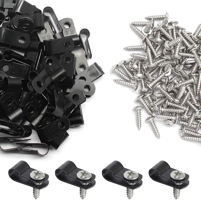 100 Pcs 1/8 Inch Black Nylon Screw Mounting R-type Cable Clip Wire Clamp, 3.3mm Cable Clip Wire Clamp for Wire Management, Stainless Steel Screws Included