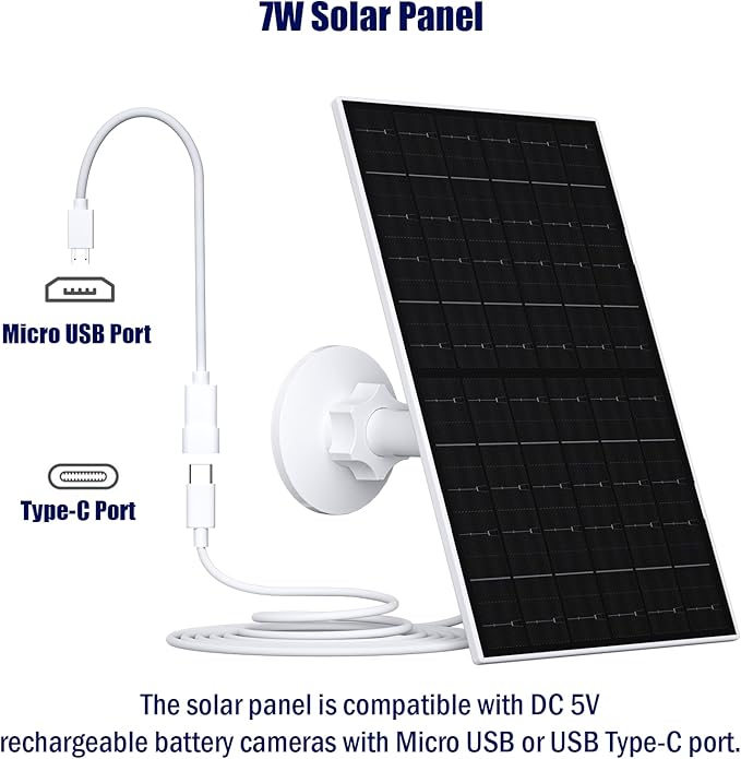 Zivif 7W Solar Panel for Security Camera, USB Solar Panel Compatible with Eufycam 2C/2C Pro/2/2 Pro/E20/E40/E, Solar Panel Charger with USB-C Port, with Micro USB Connector & Rubber Plug, White