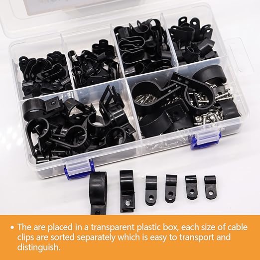 mankk 306PCS Cable Clips Wire Clips Assortment Kit Nylon Plastic R-Type Cable Clamps Wire Mounting Clips 6 Sizes 3/16'' 1/4'' 3/8'' 1/2'' 3/4'' 1'' with Screws for Cable Management