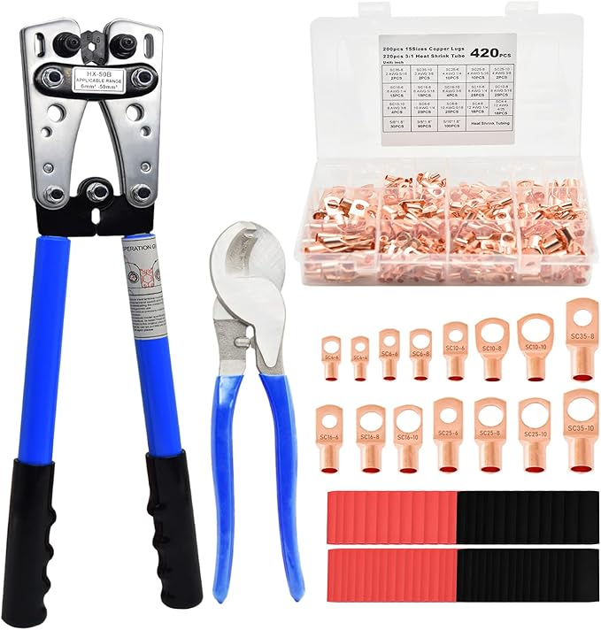 Cable Lug Crimping Tool with 200Pcs Copper Wire Lugs, Battery Cable Lug Crimping Tool Kit for AWG 10-1/0, with Cable Cutter, 220Pcs Heat Shrink Tubing,Battery Terminal Crimper Tool