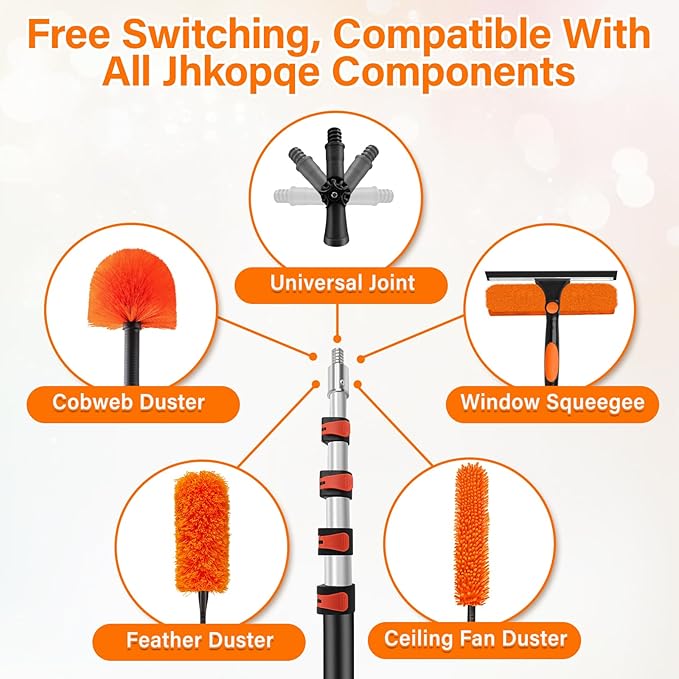 26FT High Reach Duster Cleaning Kit with 20FT Pole | 4-in-1 Tool Set with Universal Swivel Joint | High Ceiling Fan Cleaner, Microfiber Duster & Window Squeegee for Safe High-Reach Cleaning