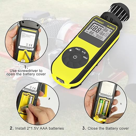 AIOMEST Handheld Wind Cup Anemometer with Direction, Digital Wind Speed Meter Gauge Measure 1.5~93MPH Air Flow Velocity, Wind Temp for Outdoor Hunting Shooting Drone Surfing HVAC - AI-881M