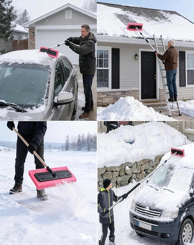 Adjustable Telescoping Snow Roof Rake(47-157in), Roof Snow Rake Removal Tool Set, Roof Rakes for Snow, EVA Push Plate Stainless Steel Telescopic Pole, for Roof Car Outdoor Snow Cleaning (4m/157in)