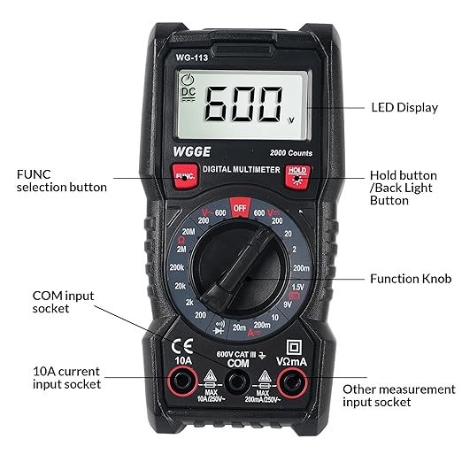 WGGE Digital Multimeter with Case, DC AC Voltmeter, Ohm Volt Amp Test Meter and Continuity Test Diode Voltage Tester for Household Outlet, Automotive Battery Test (Anti-Burn with Double Fuses)