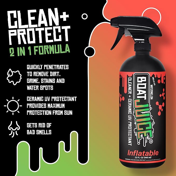 Boat Juice Inflatable Boat Cleaner Spray | 2in1 Cleaner & Ceramic UV Protectant | Removes Dirt, Grime, Stains, Water Spots & Provides Maximum UV Protection | Watermelon Scent | Made in USA (32oz)