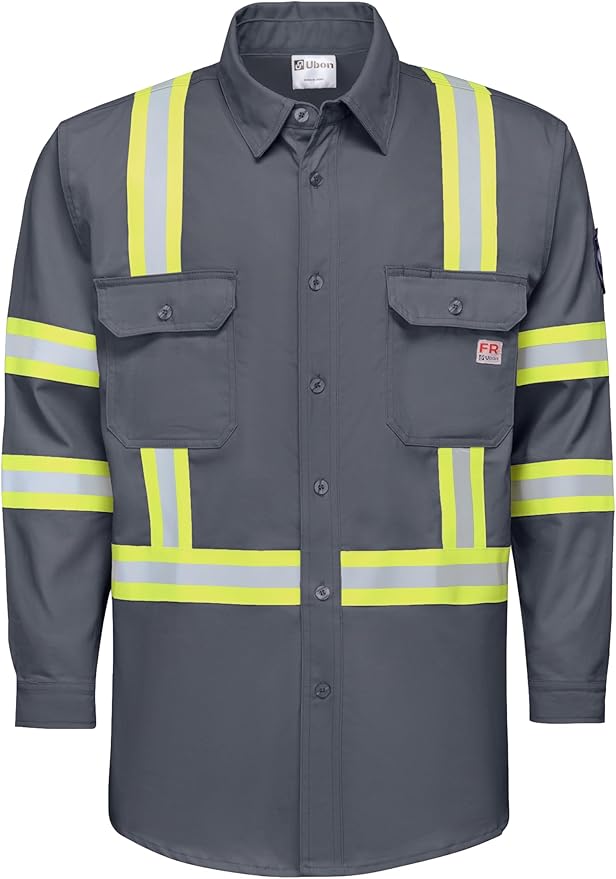Ubon FR Shirts for Men High Visibility Welding Shirt 100% Cotton Button Down Long Sleeve Safety Workwear 6.5 oz