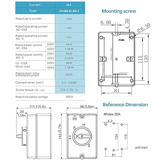 20 Amp AC Disconnect Switch 4-Pole AC 690V Isolator Switch IP66 Waterproof Isolation PV On Off Ac Disconnect Box Outdoor Rotary 2 Positions