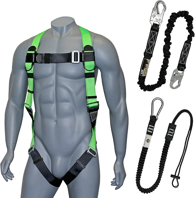 AFP Universal Full-Body Fall Protection Safety Harness with Dorsal D-Ring and Mating Buckle Legs | High-Visibility Green | Shock Absorbing Lanyard & Tool Lanyard (OSHA/ANSI)