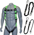 AFP Universal Full-Body Fall Protection Safety Harness with Dorsal D-Ring and Mating Buckle Legs | High-Visibility Green | Shock Absorbing Lanyard & Tool Lanyard (OSHA/ANSI)