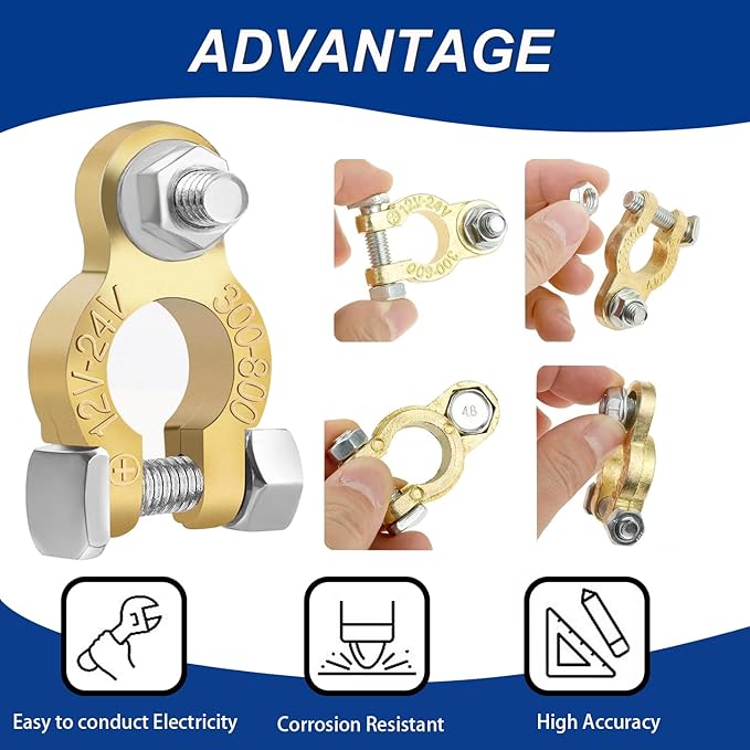 Tnisesm Brass Battery Terminal Connectors with Anti-Corrosion, Battery Terminals M8 x 16mm Bolt, Top Post Battery Terminals Clamp Set for Marine Car Boat RV Vehicles