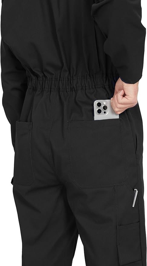 Ubon Long Sleeve Coveralls for Men, Zip Front Cotton Twill Work Coverall, Action Back Jumpsuit with Pockets