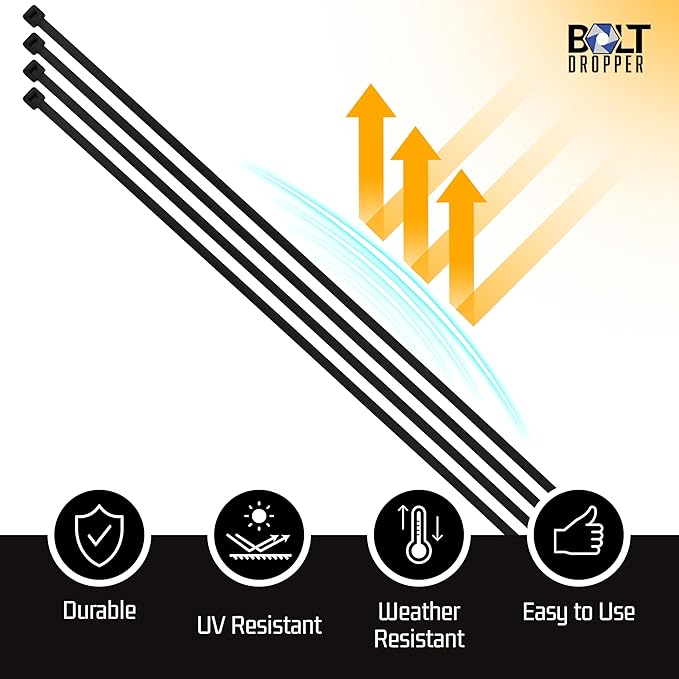 Bolt Dropper 1000-Piece Set of 8 Inch Black Zip Ties Heavy Duty - Self-Locking, UV-Resistant Nylon Cable Ties for Indoor and Outdoor Use, Ideal for Organizing, Securing, and Bundling Wires and Cables
