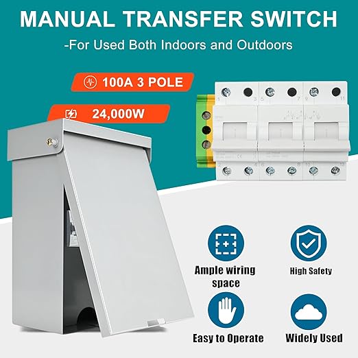 100 Amp 3 Pole Generator Manual Transfer Switch, 208-240V 24000W Transfer Switch for Home Generator and Solar Power Systems, Meeting NEMA 3R Standards for Outdoor and Indoor, with Ground (100A-3P)