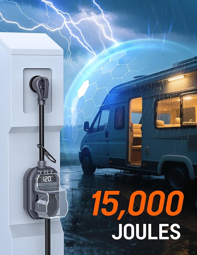 15,000J RV Surge Protector 30 Amp with LED Display, 30 Amp RV Surge Protector with Voltage Monitoring, Clear Error Codes, Comprehensive Detection, IP68 Waterproof Cover