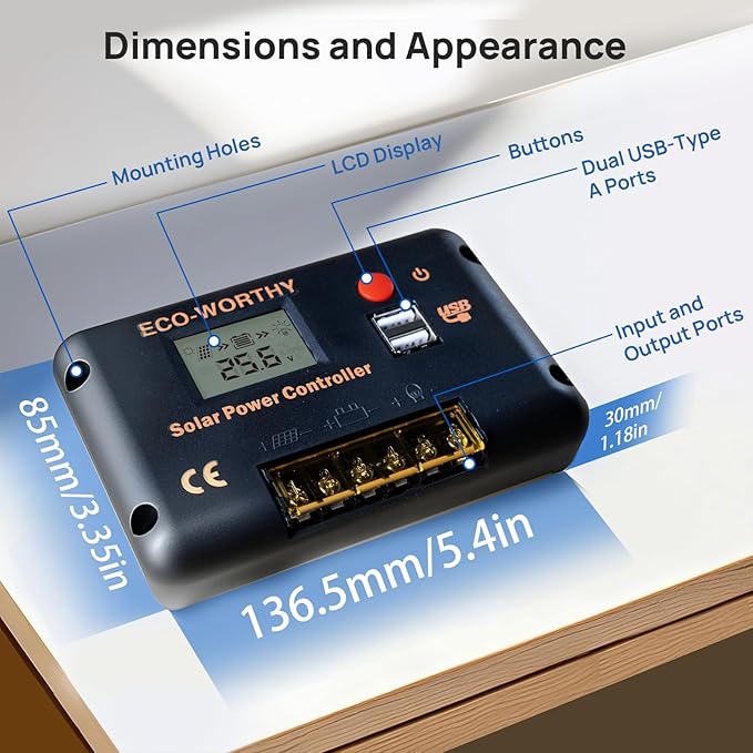 ECO-WORTHY 30A Solar Charger Controller Bluetooth,Solar Panel Battery Intelligent Regulator with Dual USB Ports Auto 12/24V PWM Negative Ground for Lithium,Lead-Acid,Gel Battery