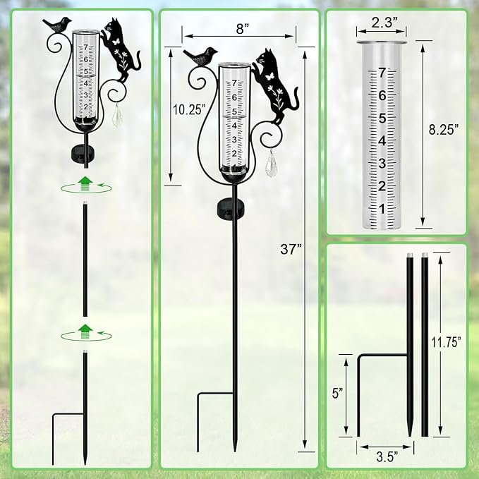 Rain Gauge Outdoor,Decorative Metal Black Cat and Bird Solar Light Stake with Rain Gauges Best Rated for Yard,Garden,Lawn, Pathway, 7" Glass Tube