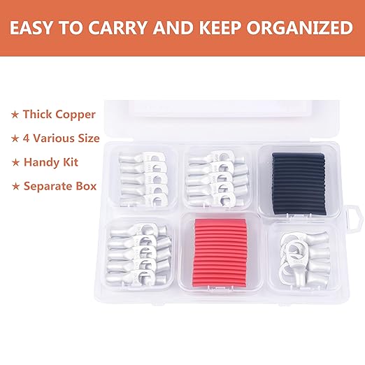 6 AWG Tinned Copper Ring Terminal Kit (62 Pcs) - 30 Battery Lugs (1/4", 5/16", 3/8", 1/2") with 32 Heat Shrink Tubes for 6 Gauge Wire in Automotive, Solar, Marine, RV Applications