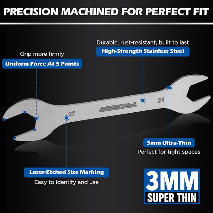 10-Piece Super Thin Open-End Wrench Set, Metric 5.5–27mm, 3mm Thickness Slim Wrench Set for Tight Spaces, Nickel Plated Flat Wrenches with Rolling Storage Pouch