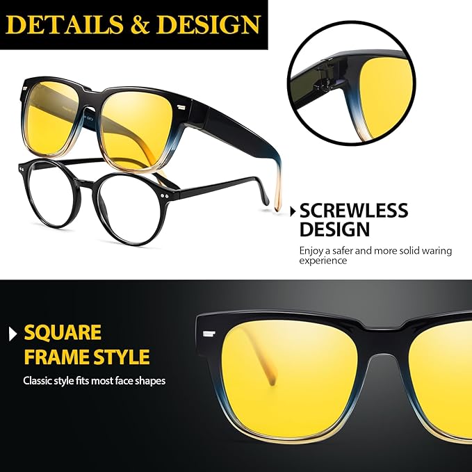 TJUTR Fit-Over Night Vision Driving Glasses for Men Women, Anti-Glare Polarized UV400 Yellow Lenses for Nighttime Safety