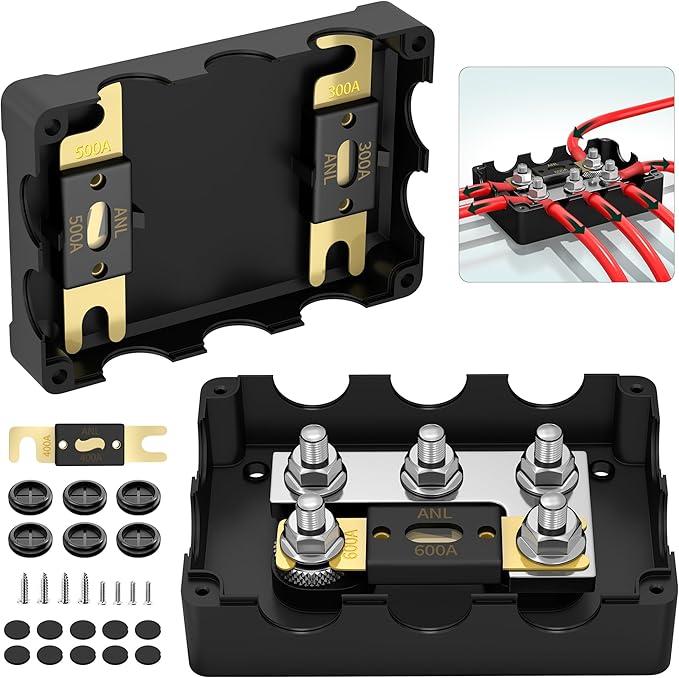 ANL Fuse Holder Max 1000A 1 in 6 Out Waterproof Anl Fuse Block with 5 x 5/16" Studs Dual Fuse Holder with 300 Amp, 400 Amp, 500 Amp and 600 Amp ANL Fuses for Marine Automotive Car Truck Boat