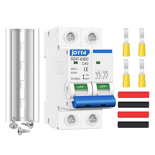 JOTTA Mini DC Circuit Breaker, 2 Pole 500V 40 Amp Isolator for Solar PV System, Thermal Magnetic Trip, DIN Rail Mount Solar Disconnect Switch DZ47-40DC