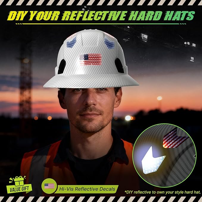 Carbon Fiber Pattern Full Brim Hard Hat with Visor-OSHA Approved Construction Safety Helmet for Men Women,ANSI Z89.1 Vented Reflective Hardhat with Hard Hat Chin Strap,6-Point Suspension