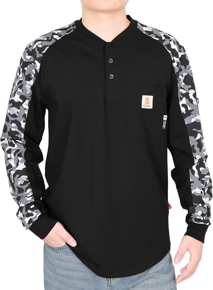 BOCOMAL FR Shirts 6oz Lightweight Flame Resistant Long Sleeve Henley Shirt Fire Retardant Workwear NFPA2112 CAT2