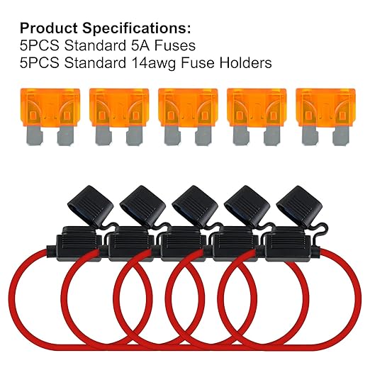 MuHize Fuse Holder - Upgraded 5 Pack 14AWG Standard Inline Waterproof Fuse Holders with 5A ATC/ATO Blade Fuses for Automotive RV, Quick Connect, No Splicing Needed