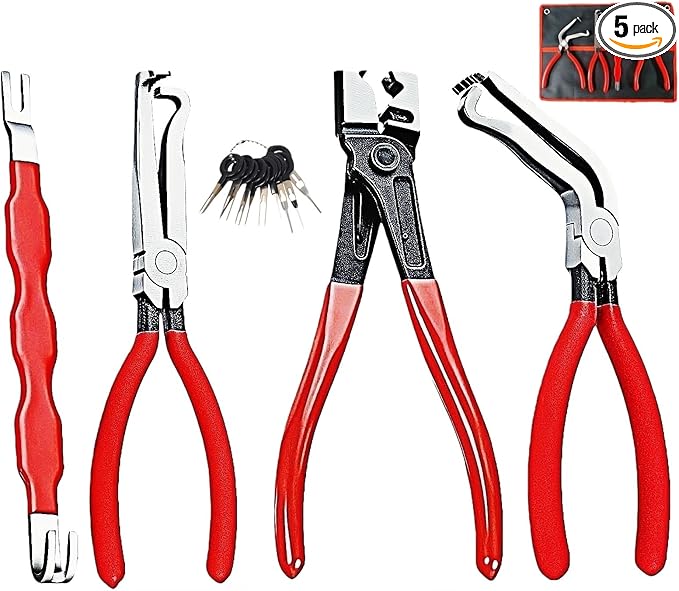 4-in-1 Automotive Clip Pliers Set, Electrical Disconnect & Connector Removal Tool Kit with Straight & 60° Angle Pliers, Separator & Hose Clamp Plier for Car Truck SUV Repair, Mechanics & DIY