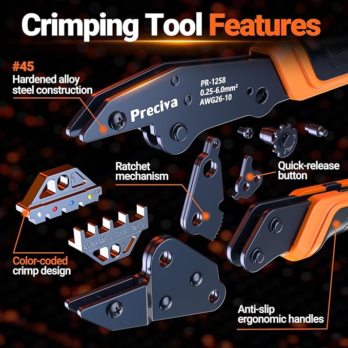 Preciva Heat Shrink Connectors Kit, Preciva Wire Crimping Tool with 180PCS 26-10 AWG Pure Copper Ferrules,Ratcheting Crimper for Automotive, Electrical, Marine & Wiring Repairs