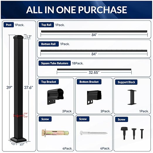 Egadis 36 in. H x 7 ft. W Porch and Deck Railing Kit, Aluminum Railing Kit, Black Textured AAMA 2604 Powder-Coat Finish Rail System for Outdoor Decks, Porches & Balconies (1 Post, 1 Panel)