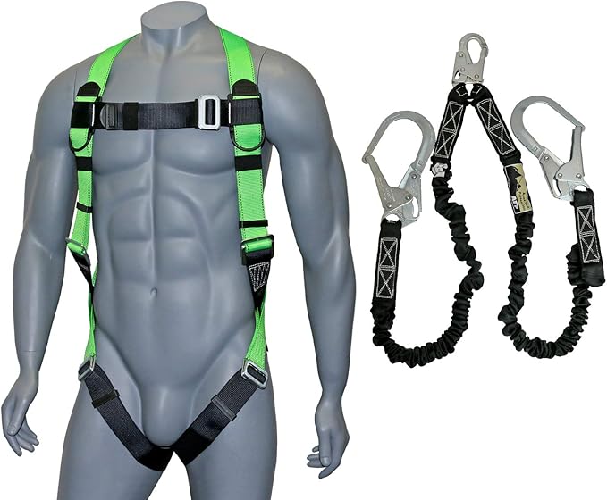 AFP Universal Full-Body Fall Protection Safety Harness with Dorsal D-Ring and Mating Buckle Legs | Roofer, Construction, Scaffolding PPE | High-Visibility Green | Shock Absorbing Lanyard (OSHA/ANSI)