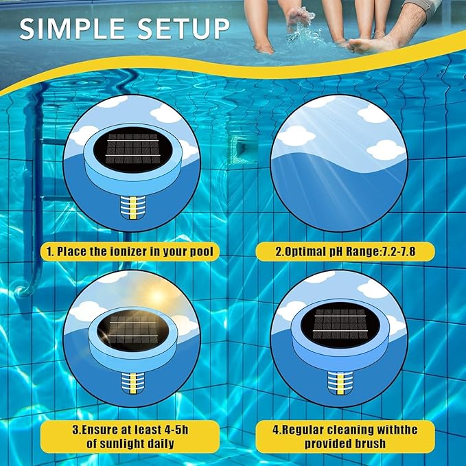 Solar Pool Ionizer - Enhanced with Latest Solar, 90% Less Chlorine, for Pools up to 45,000 Gal, Technology & Longer-Lasting Anode, Reduces Chlorine- Mineral-Based Pool Cleaning Device (Blue)