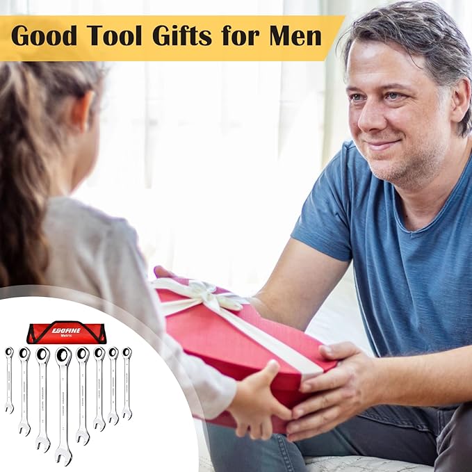 Egofine 8-Piece Ratcheting Wrench Set, Cr-V Steel Mertic Wrench Set from 7mm to 17mm wrench, 72 Teeth Ratchet Wrench, 12 Point Open End & Box End Combination wrench set with Roll Up Pouch