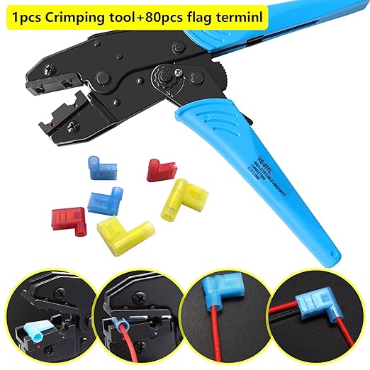 smseace 81pcs Right Angle Spade Connectors with Flag Terminal Crimper 22-18/16-14/12-10AWG Quick Disconnect Flag Connector + Electrical Crimping Tool for Right Angle Spade Connector