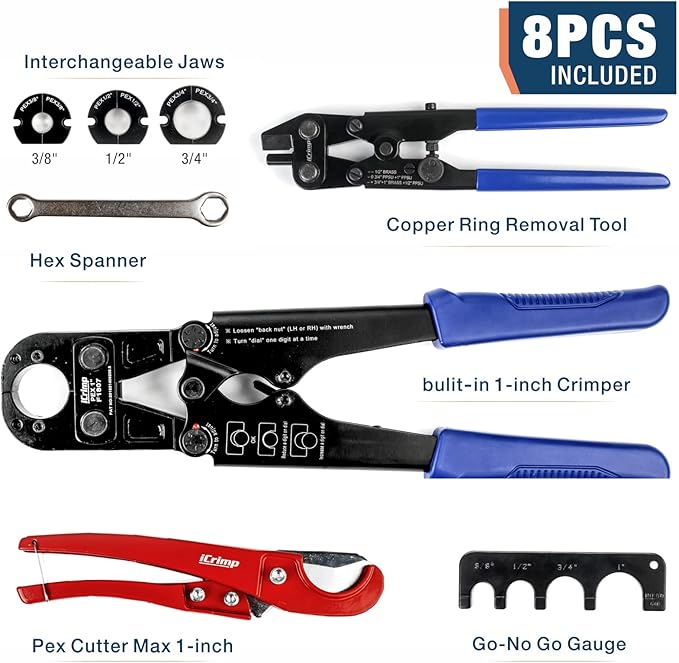 iCrimp F1807 Copper Ring Crimping Tool Kit for 3/8,1/2,3/4,1-inch- Free Removal Tool& Pex Pipe Cutter&Gauge- For All US F1807 Standards