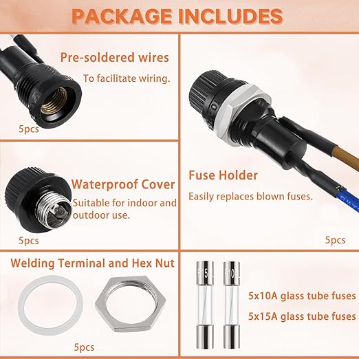 5 Pack Panel Mounted Fuse Holder 6x30mm Screw Cap Fuse Holder 250V AC 10A 125V AC 15A 12V DC Fuse Holder with Pre-Soldered Wires and 10A/15A Fast Blow Glass Fuse kit(6 * 30mm)