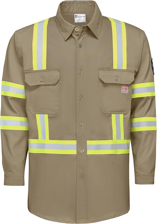 Ubon FR Shirts for Men High Visibility Welding Shirt 100% Cotton Button Down Long Sleeve Safety Workwear 6.5 oz