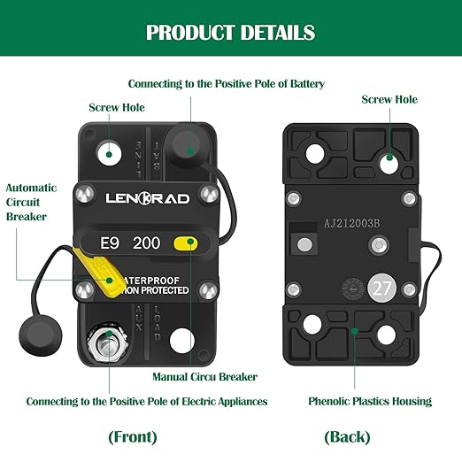 LENKRAD 200amp Marine Circuit Breaker Resettable 200A with Manual Reset Switch Button for Boat Trolling RV Yacht, 12V - 48V DC, Waterproof, Surface Mount(200 Amp Boat Circuit Breaker)