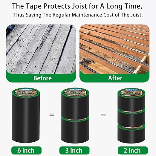 Joist Tape 2 Rolls, 0.75cm x 6'' x 50', Waterproof Butyl Adhesive for Decking, Wood Beams, Building Joists, Indoor or Outdoor Use