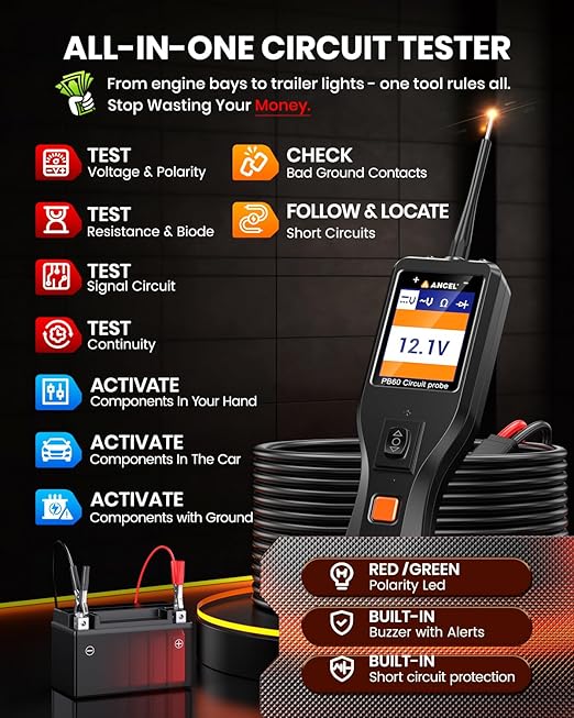 ANCEL PB60 Automotive Circuit Tester, Power Circuit Probe Tool, 12-24V Electrical Short Open Breaker Circuit Finder, AC/DC Current Resistance, Digital Volt Ohm Meter, Activate Component, for 99% Car