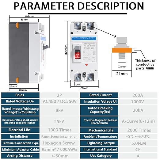 Main DC 200 Amp Circuit Breaker AC Disconnect Switch 2 Poles 550V Battery Thermal Magnetic Trip Power Solar UPS Station