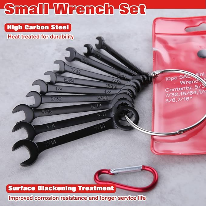 10PCS Mini Wrench Set Standard SAE 5/32"-7/16" Ignition Wrenches Open End and Box End Combination Wrench Set with Portable Pouch and Key Rings, Black Electrophoretic Coating
