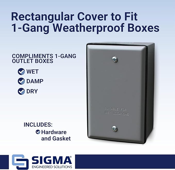 SIGMA ENGINEERED SOLUTIONS 14240 Weatherproof Outdoor Rectangular Cover Plate for Outlet Boxes, Gray, Metal, 1-Gang, 1-Pack