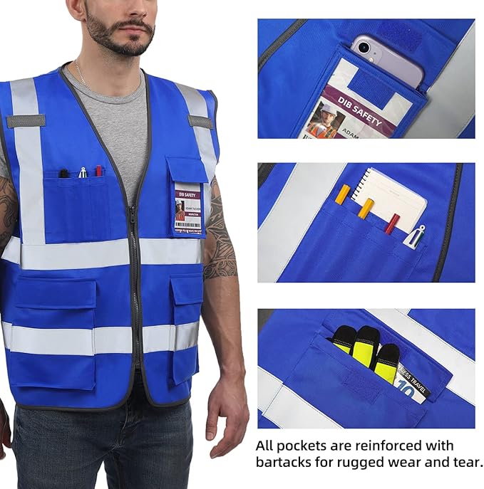 Dib Safety Reflective Vest ANSI Class 2, High Visibility Vest with Pockets and Zipper, Construction Work, Hi Vis