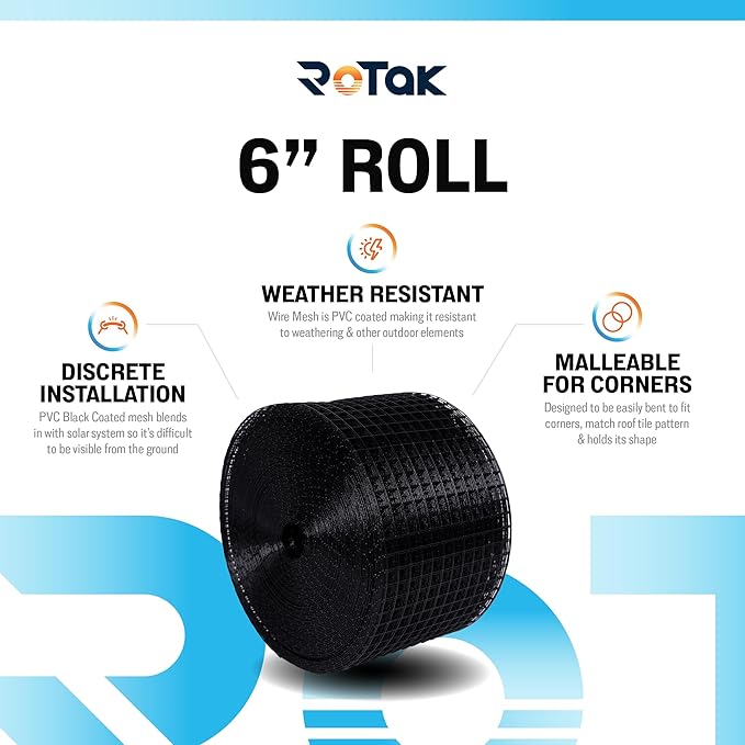 ROTAK Critter Guard - 6in x 100ft Solar Panel Bird Guard with Fastener Clips - Galvanized Black PVC Coated ½ inch Wire Roll Mesh (6" x 100' with 100 Fastener Clips)
